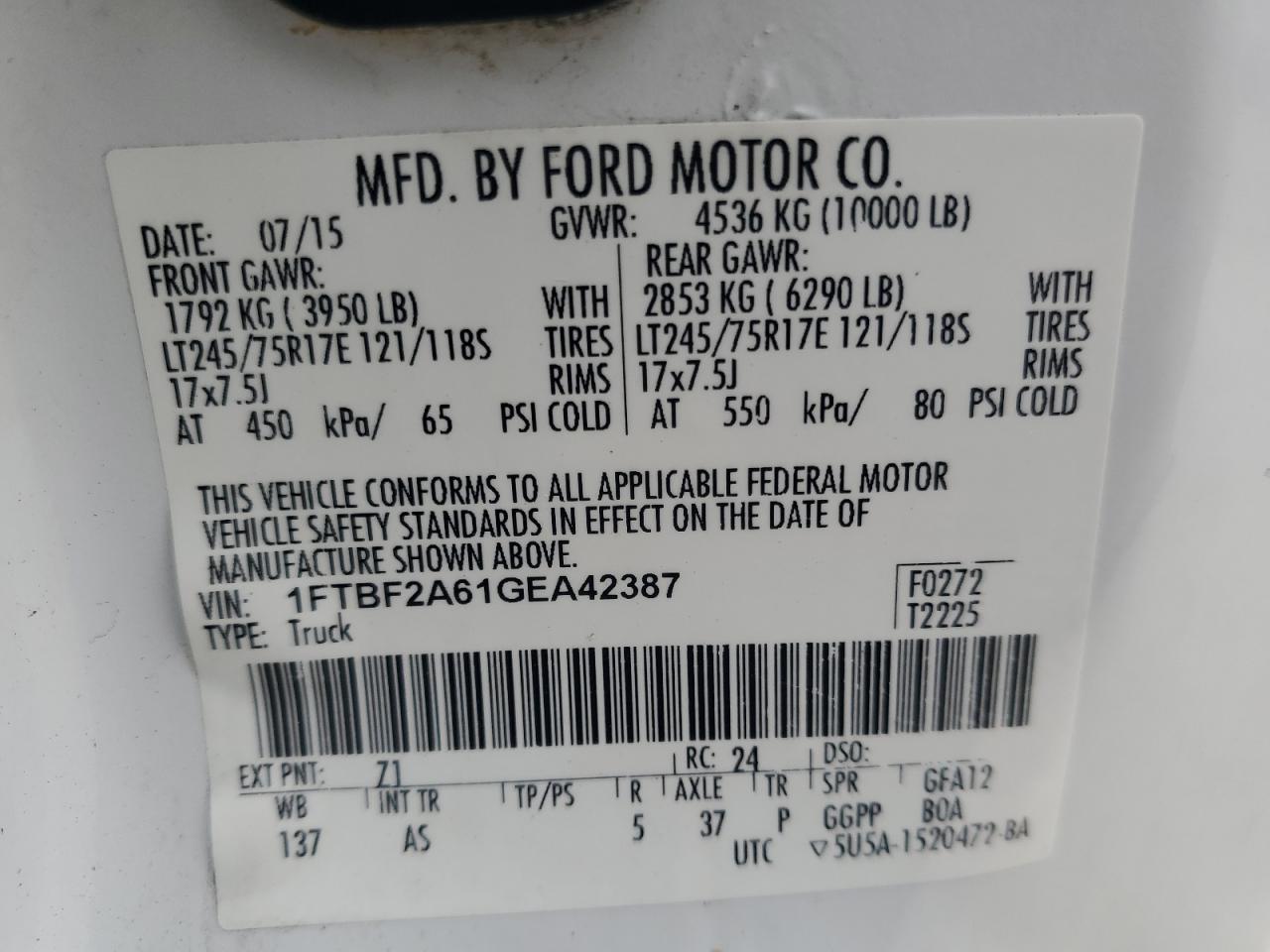 2016 Ford F250 Super Duty VIN: 1FTBF2A61GEA42387 Lot: 82757835