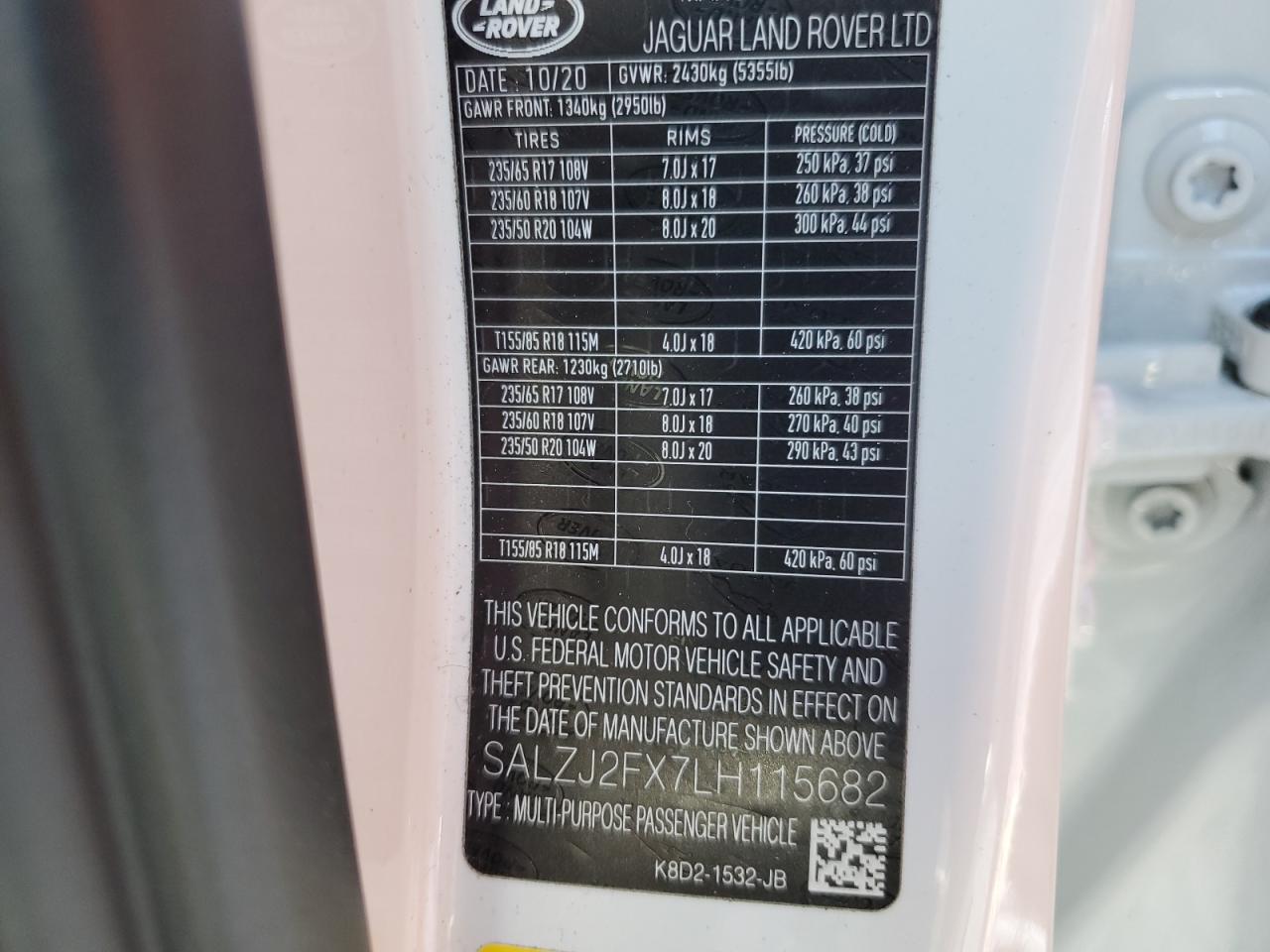 2020 Land Rover Range Rover Evoque S VIN: SALZJ2FX7LH115682 Lot: 85325525