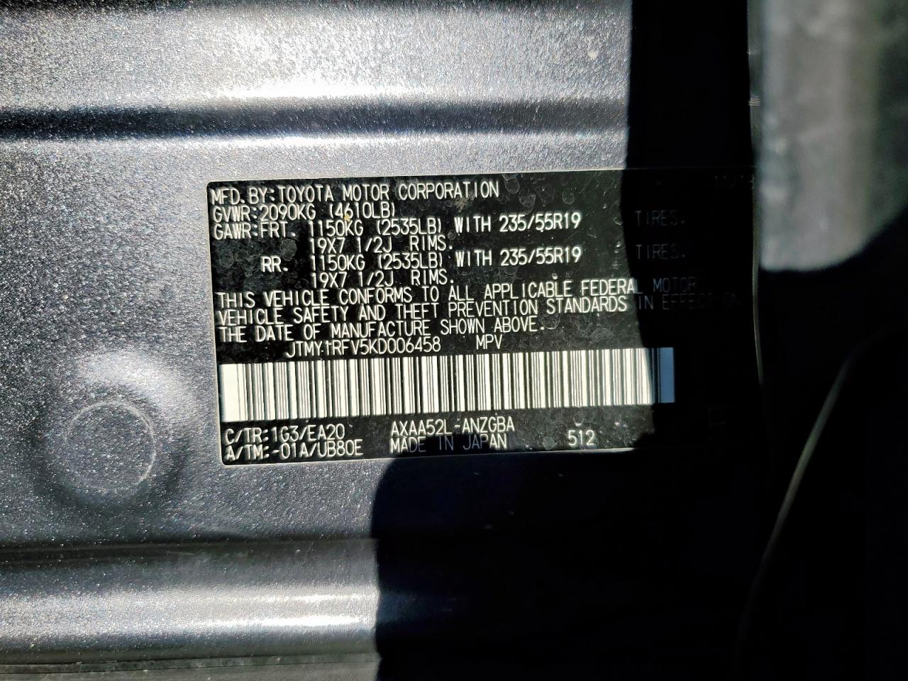 2019 Toyota Rav4 Limited VIN: JTMY1RFV5KD006458 Lot: 82187965