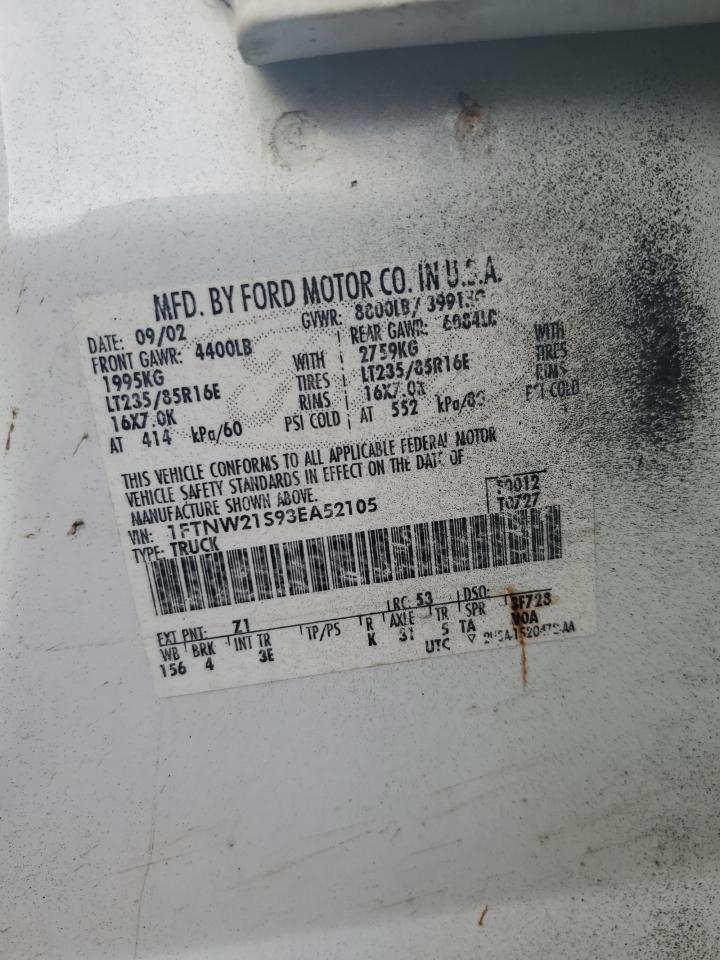 2003 Ford F250 Super Duty VIN: 1FTNW21S93EA52105 Lot: 82401945