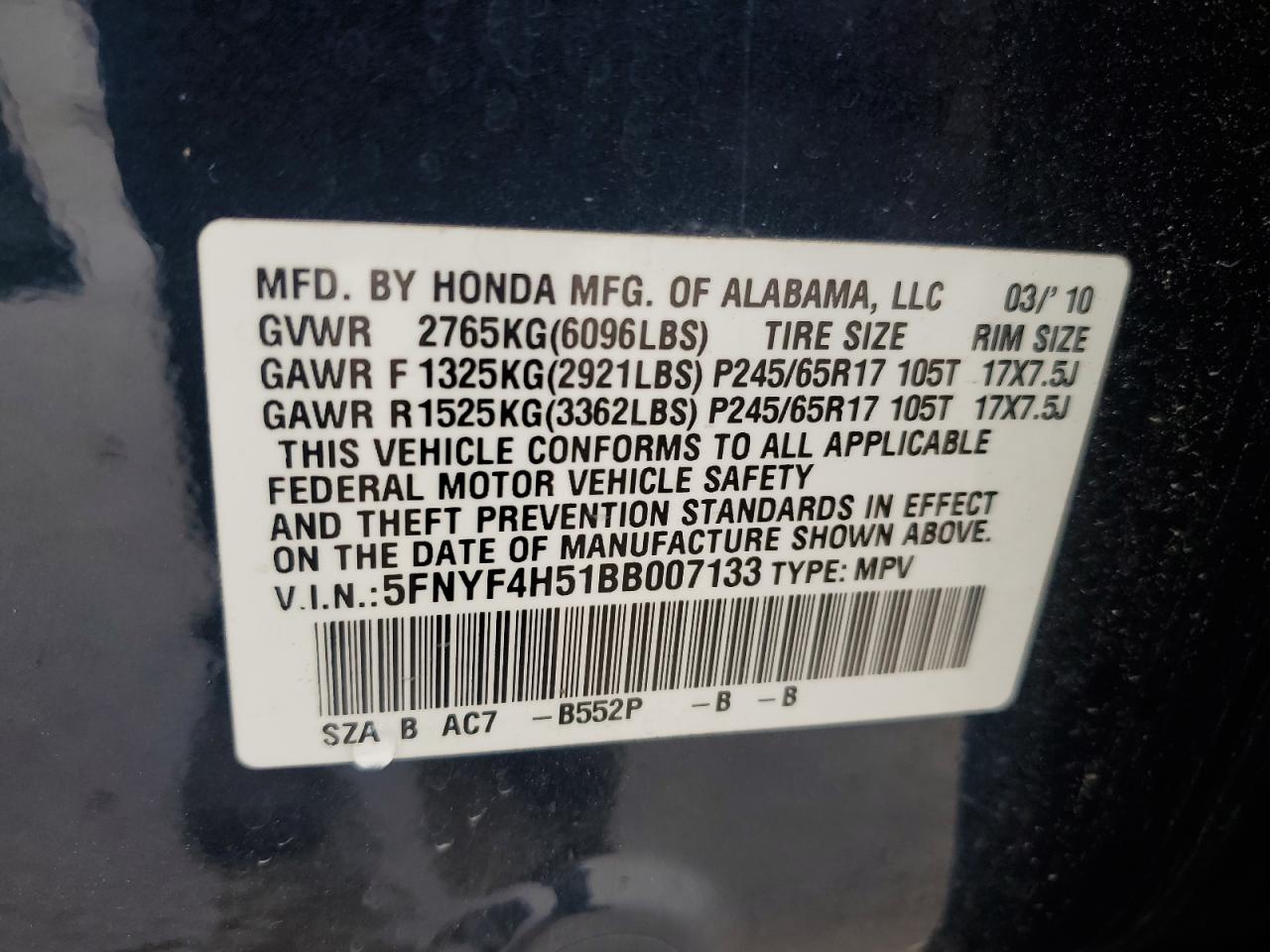 2011 Honda Pilot Exl VIN: 5FNYF4H51BB007133 Lot: 85493425