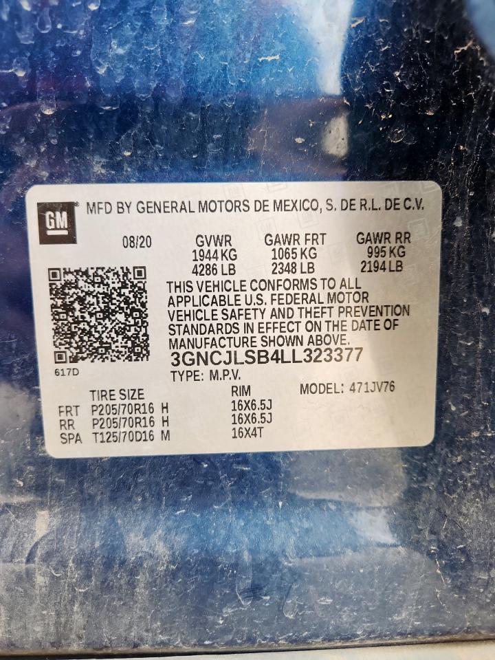 2020 Chevrolet Trax 1Lt VIN: 3GNCJLSB4LL323377 Lot: 82332135