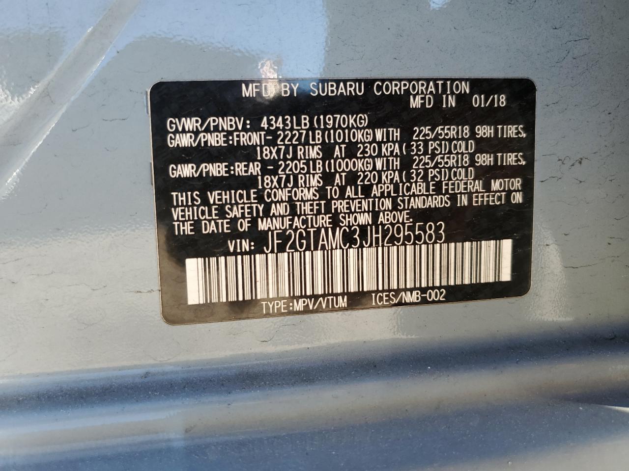 2018 Subaru Crosstrek Limited VIN: JF2GTAMC3JH295583 Lot: 85602375