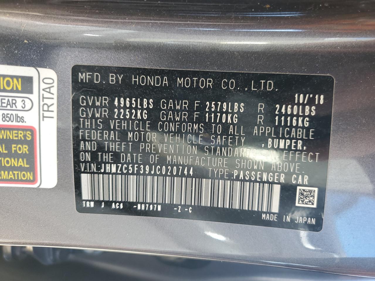 2018 Honda Clarity Touring VIN: JHMZC5F39JC020744 Lot: 89845025