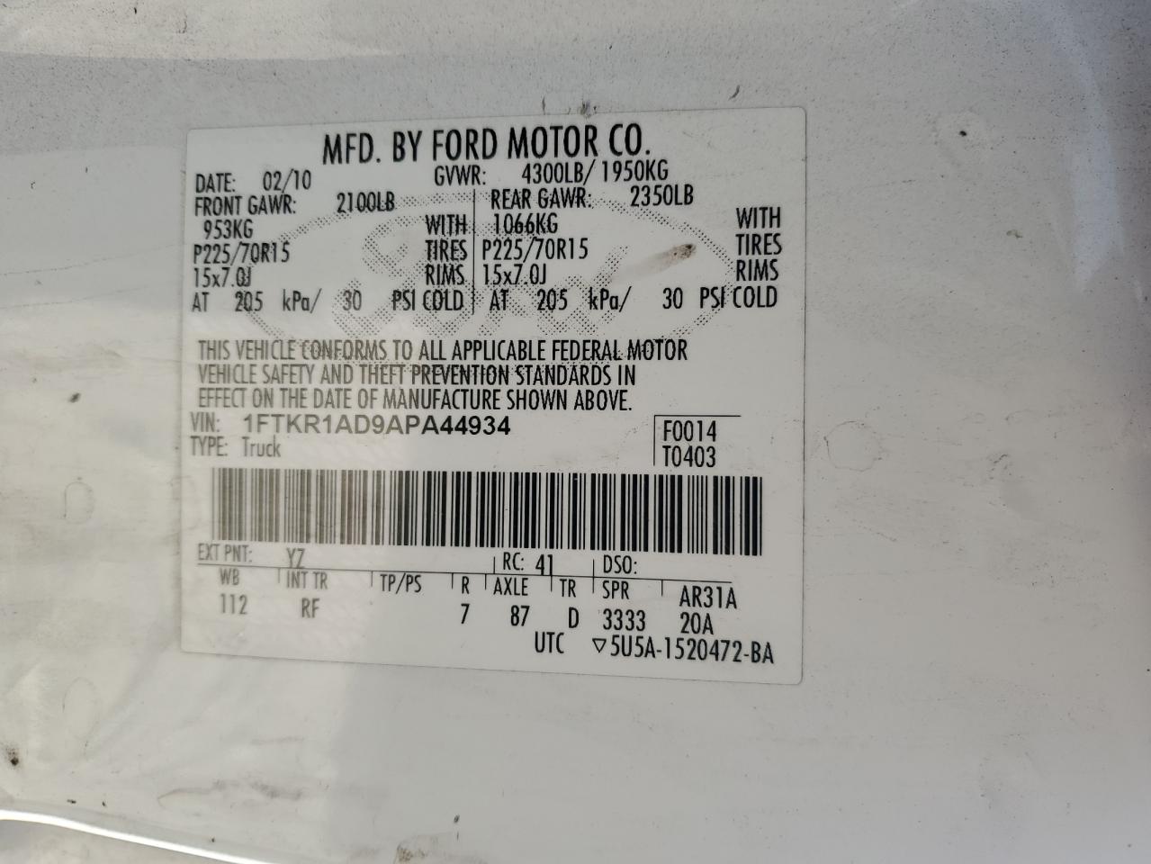 2010 Ford Ranger VIN: 1FTKR1AD9APA44934 Lot: 90351985