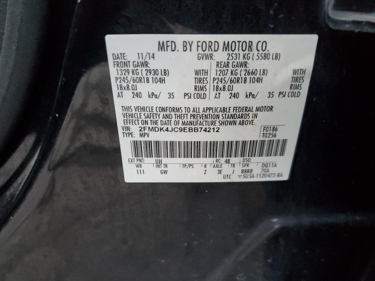 2014 Ford Edge Sel VIN: 2FMDK4JC9EBB74212 Lot: 89633035