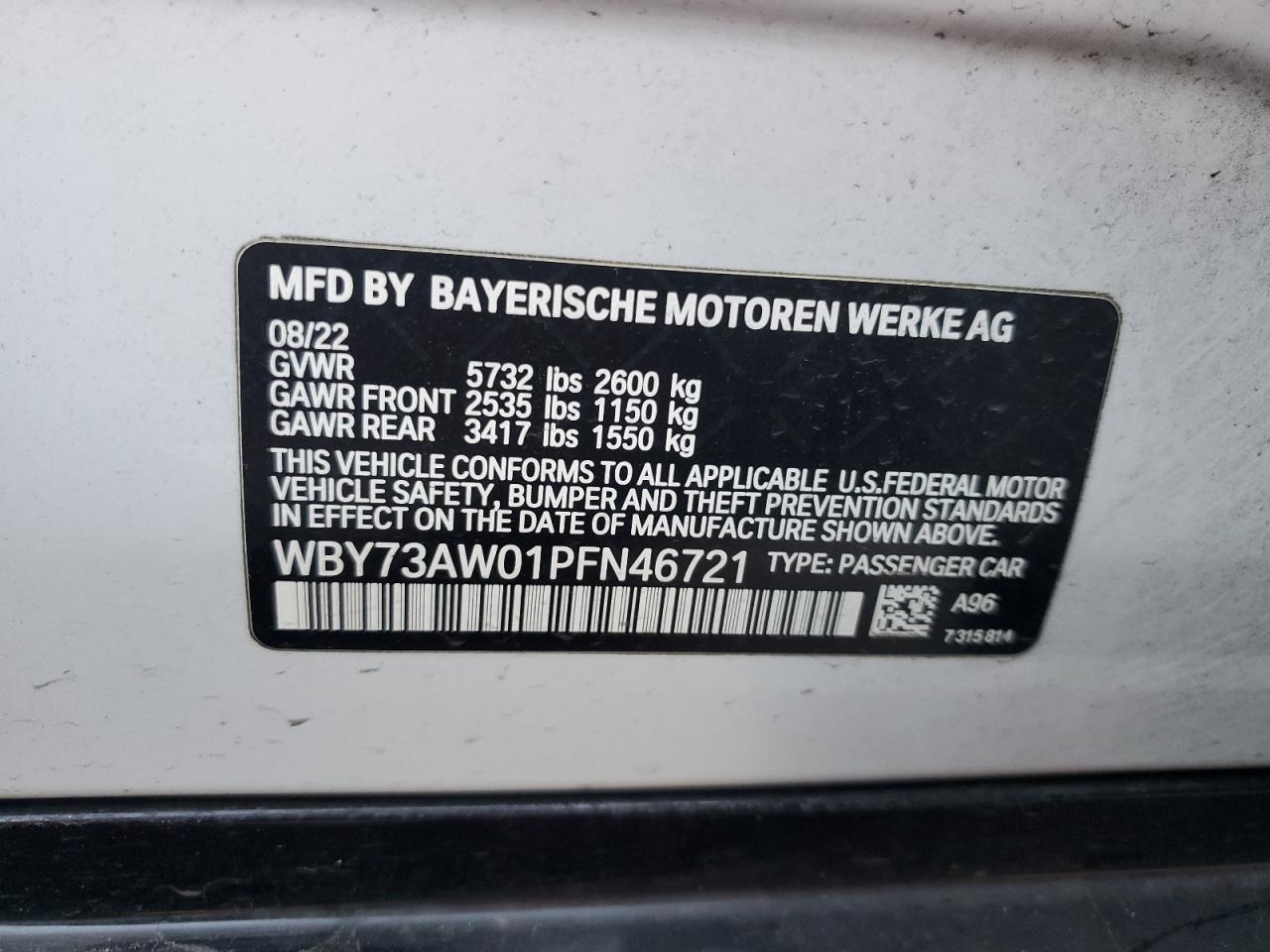 2023 BMW I4 Edrive 40 VIN: WBY73AW01PFN46721 Lot: 86695635