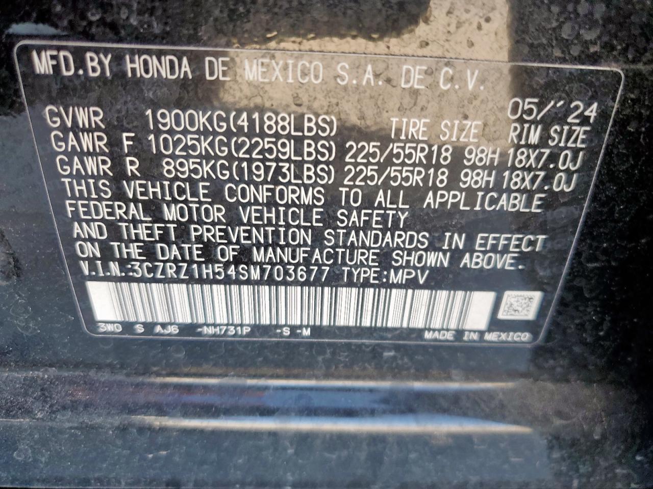 2025 Honda Hr-V Sport VIN: 3CZRZ1H54SM703677 Lot: 84945705