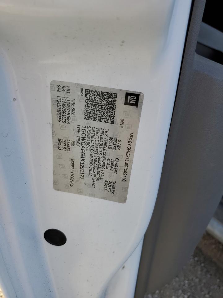 2019 Chevrolet Express G2500 VIN: 1GCWGAFG4K1291177 Lot: 84801785