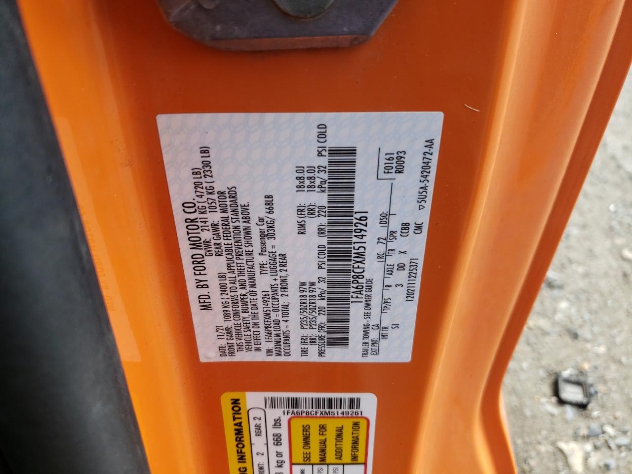 2021 Ford Mustang Gt VIN: 1FA6P8CFXM5149261 Lot: 86463205