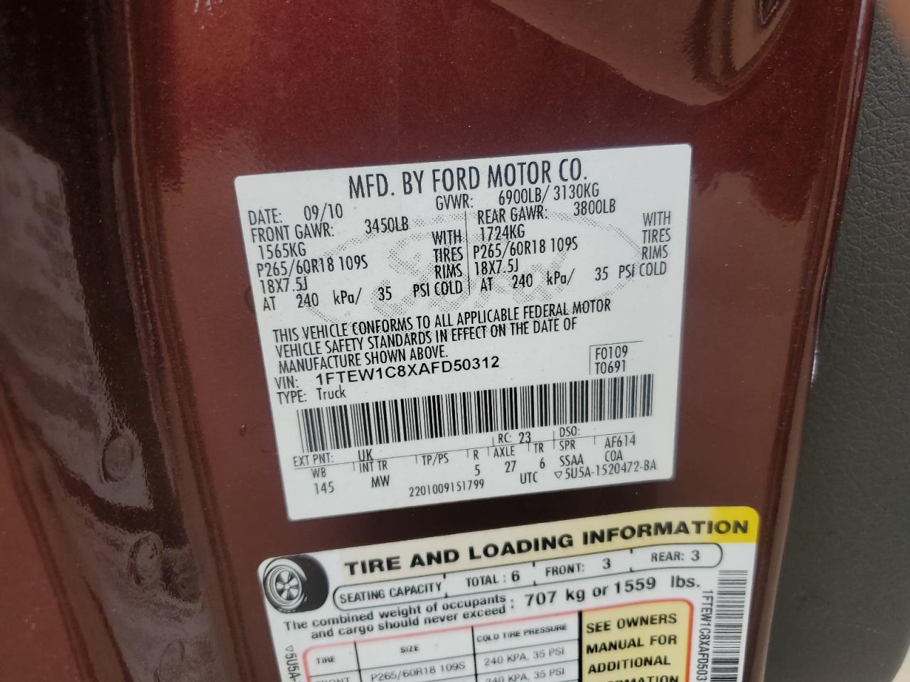 2010 Ford F150 Supercrew VIN: 1FTEW1C8XAFD50312 Lot: 85350795