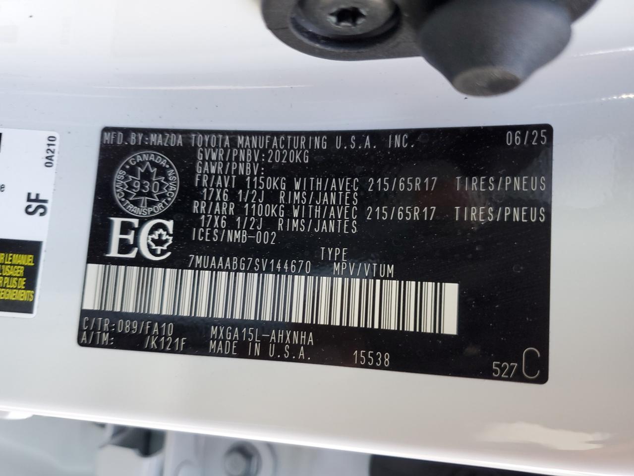 2025 Toyota Corolla Cross L VIN: 7MUAAABG7SV144670 Lot: 85359055