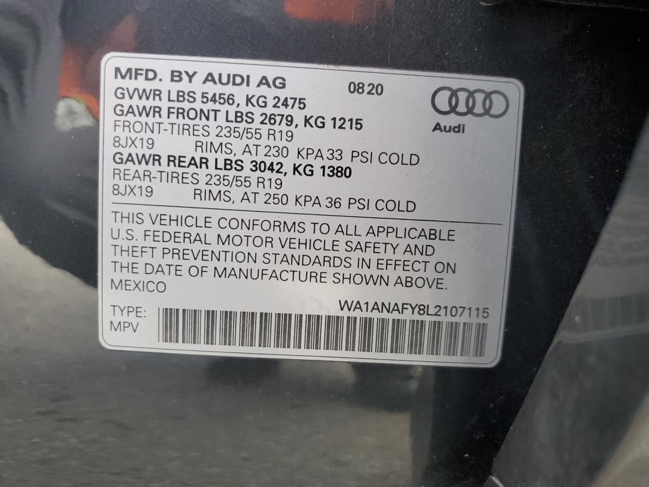 2020 Audi Q5 Premium VIN: WA1ANAFY8L2107115 Lot: 82522435