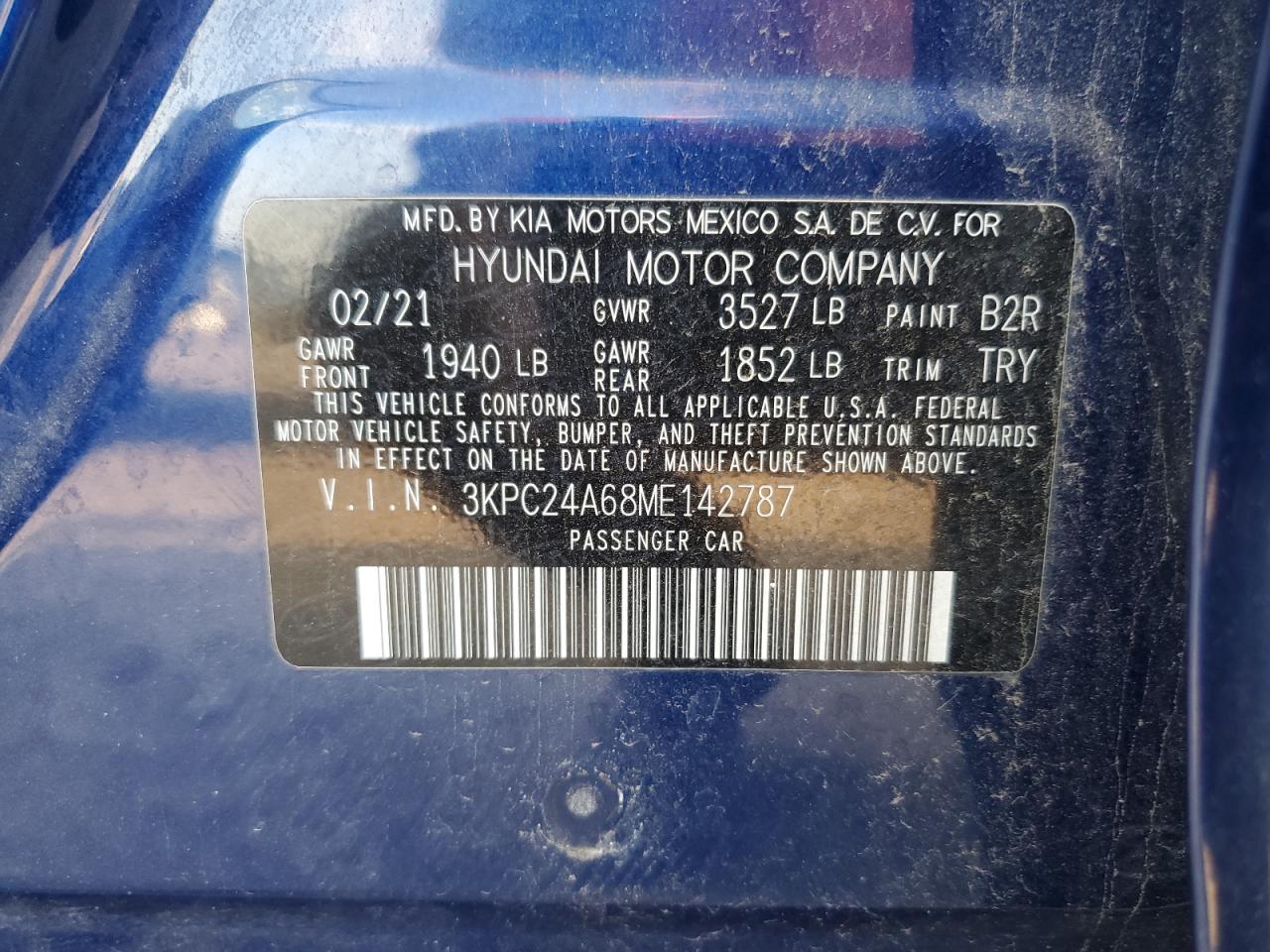 2021 Hyundai Accent Se VIN: 3KPC24A68ME142787 Lot: 85156375