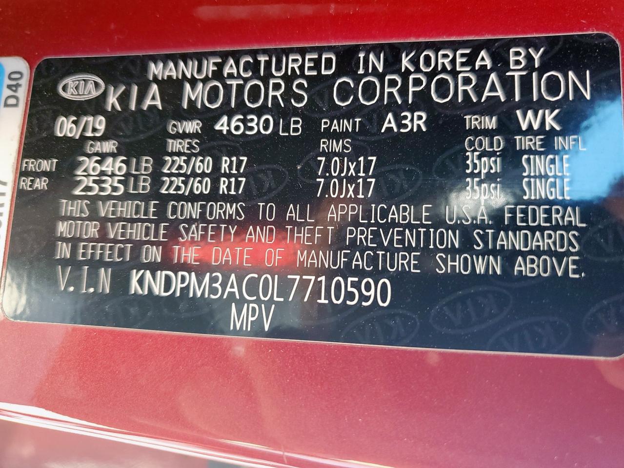 2020 Kia Sportage Lx VIN: KNDPM3AC0L7710590 Lot: 90591165