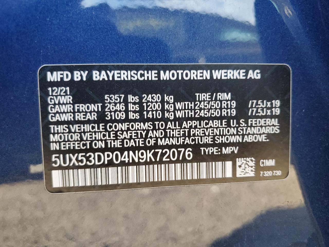 2022 BMW X3 xDrive30I VIN: 5UX53DP04N9K72076 Lot: 84398385