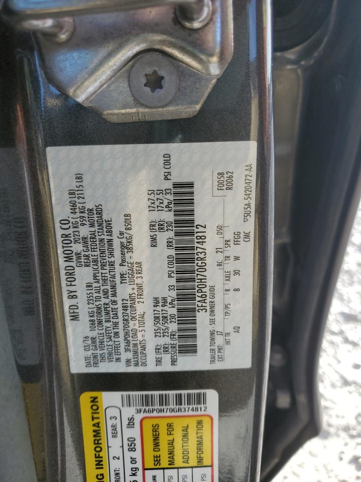 2016 Ford Fusion Se VIN: 3FA6P0H70GR374812 Lot: 87207895