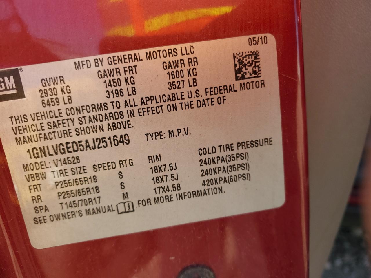 2010 Chevrolet Traverse Lt VIN: 1GNLVGED5AJ251649 Lot: 85725965