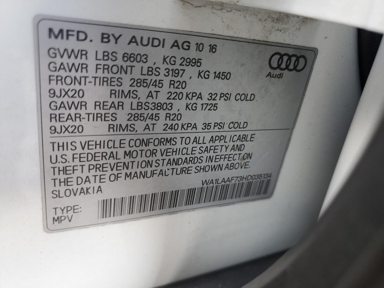 2017 Audi Q7 Premium Plus VIN: WA1LAAF73HD035134 Lot: 87346025