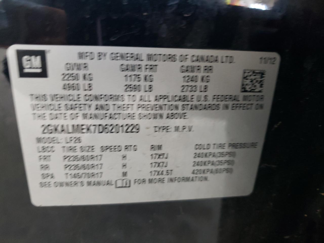 2013 GMC Terrain Sle VIN: 2GKALMEK7D6201229 Lot: 82358765