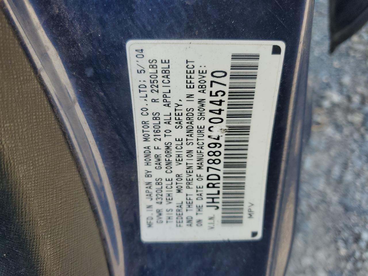 2004 Honda Cr-V Ex VIN: JHLRD78894C044570 Lot: 81783875