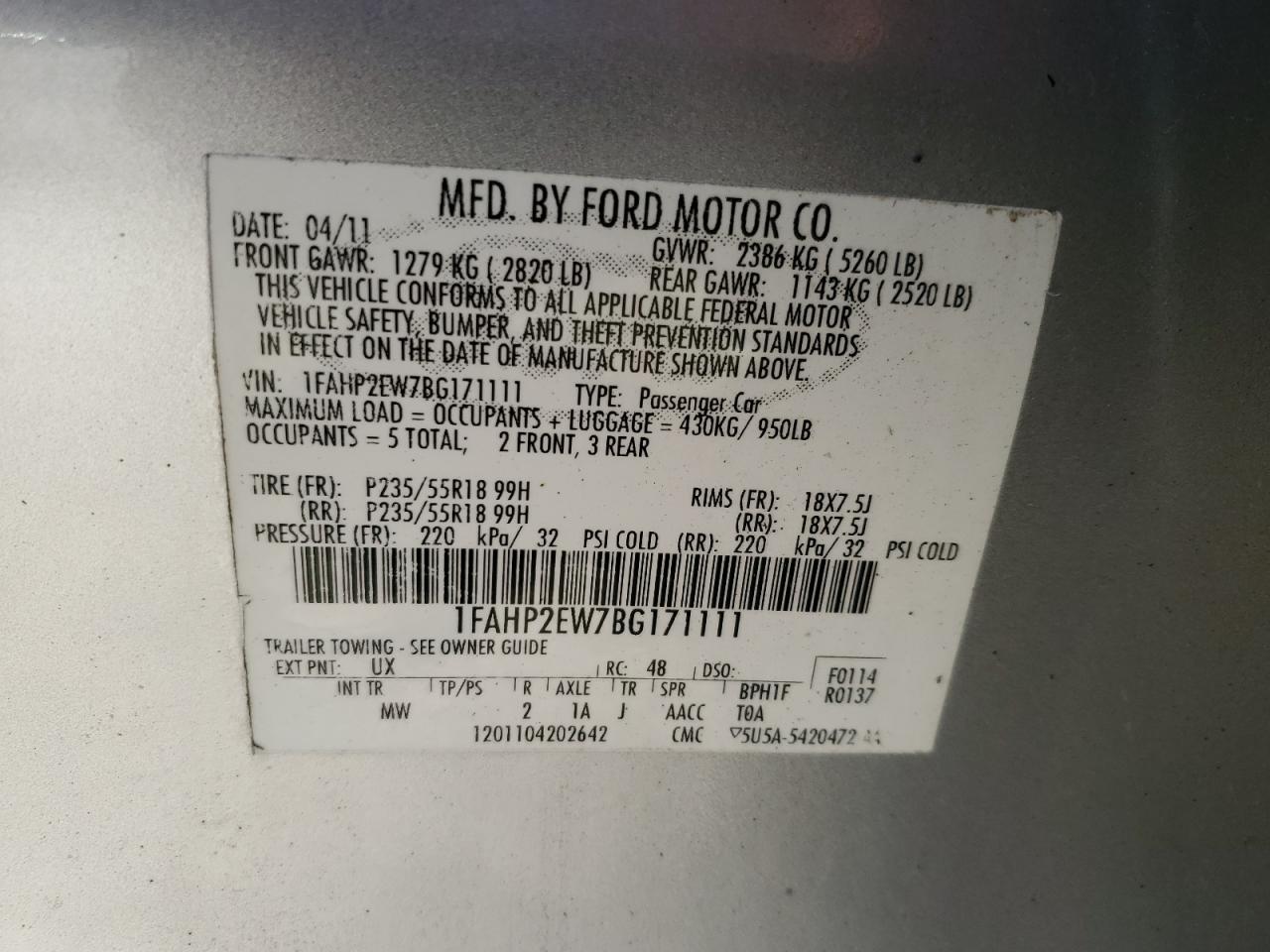 2011 Ford Taurus Sel VIN: 1FAHP2EW7BG171111 Lot: 90038605