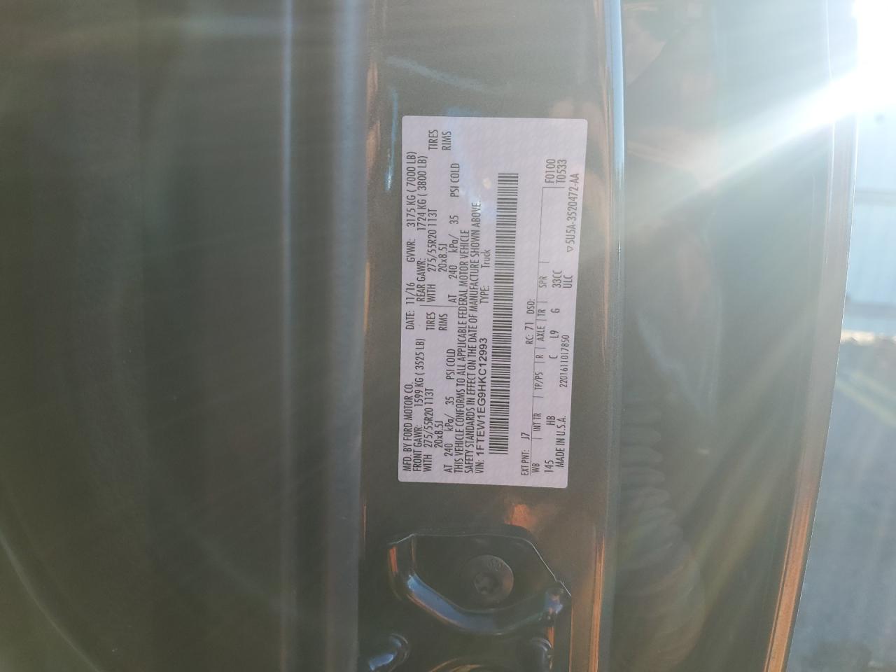 2017 Ford F150 Supercrew VIN: 1FTEW1EG9HKC12993 Lot: 85872485