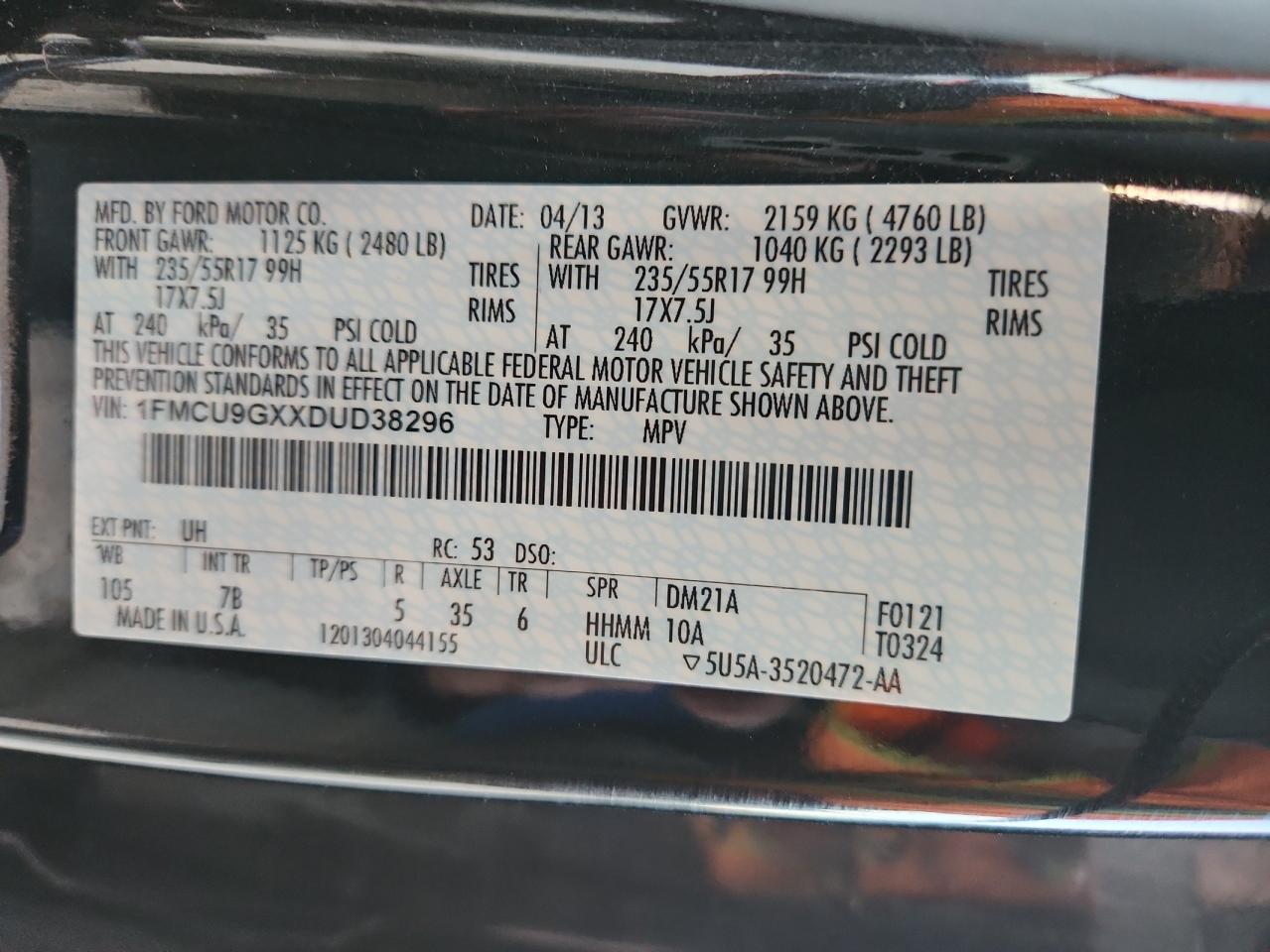 2013 Ford Escape Se VIN: 1FMCU9GXXDUD38296 Lot: 87075925