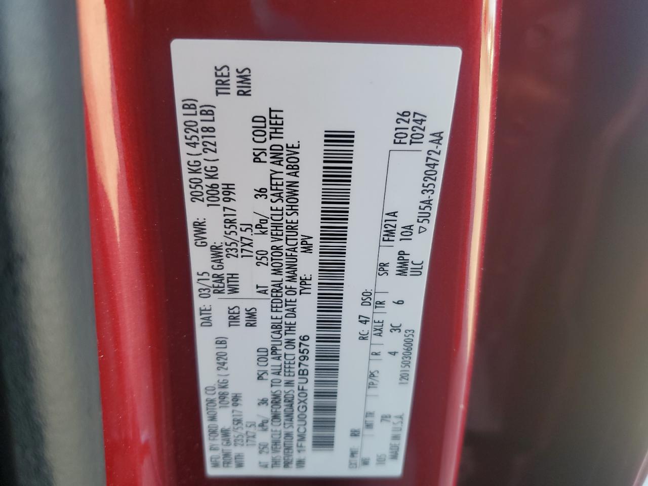 2015 Ford Escape Se VIN: 1FMCU0GX0FUB79576 Lot: 90687835