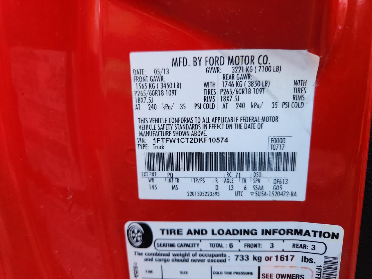 2013 Ford F150 Supercrew VIN: 1FTFW1CT2DKF10574 Lot: 84474315