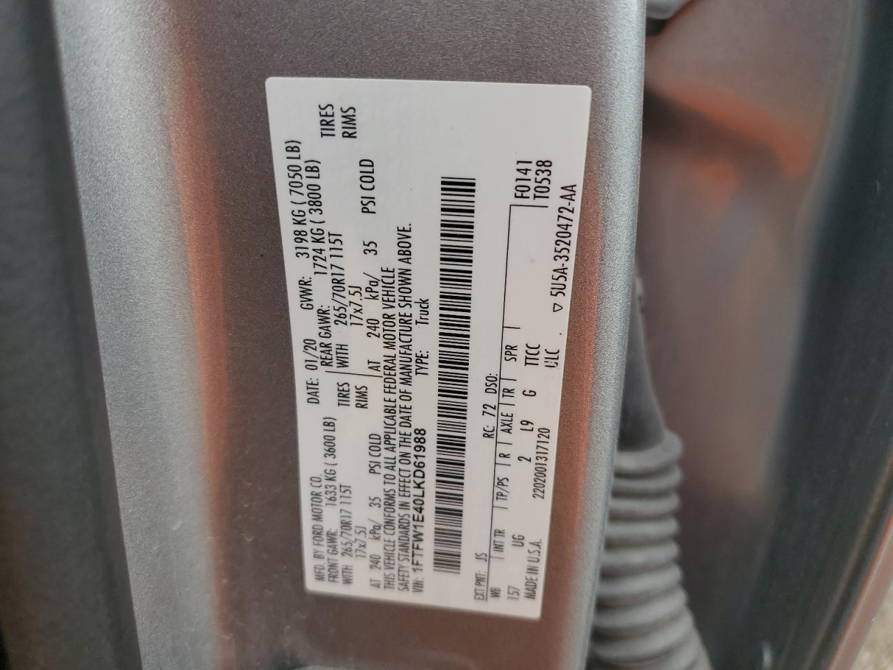 2020 Ford F150 Supercrew VIN: 1FTFW1E40LKD61988 Lot: 85299185