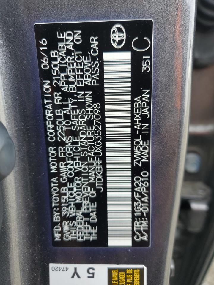 2016 Toyota Prius VIN: JTDKBRFUXG3527098 Lot: 84875905