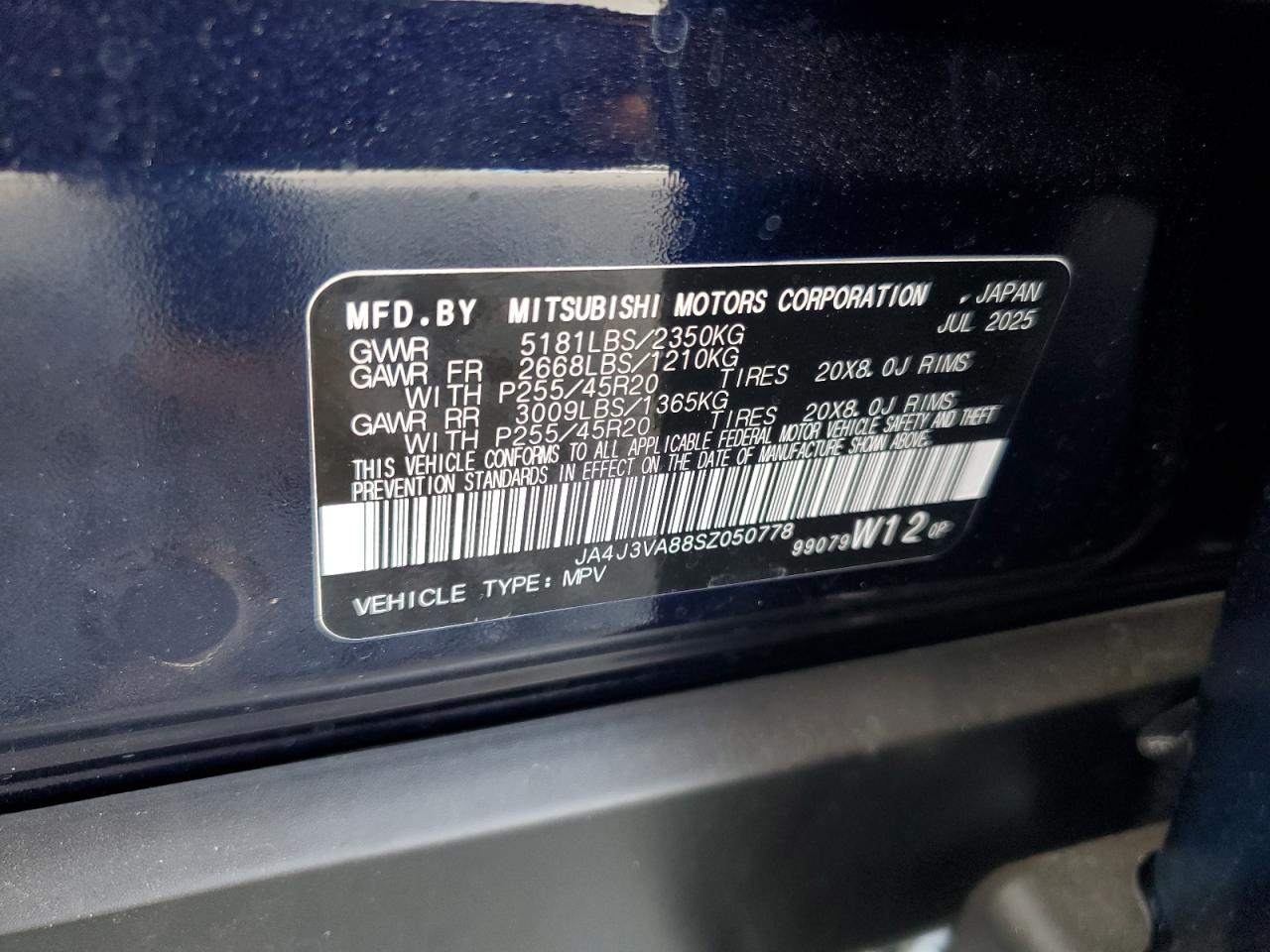 2025 Mitsubishi Outlander Se VIN: JA4J3VA88SZ050778 Lot: 90142365