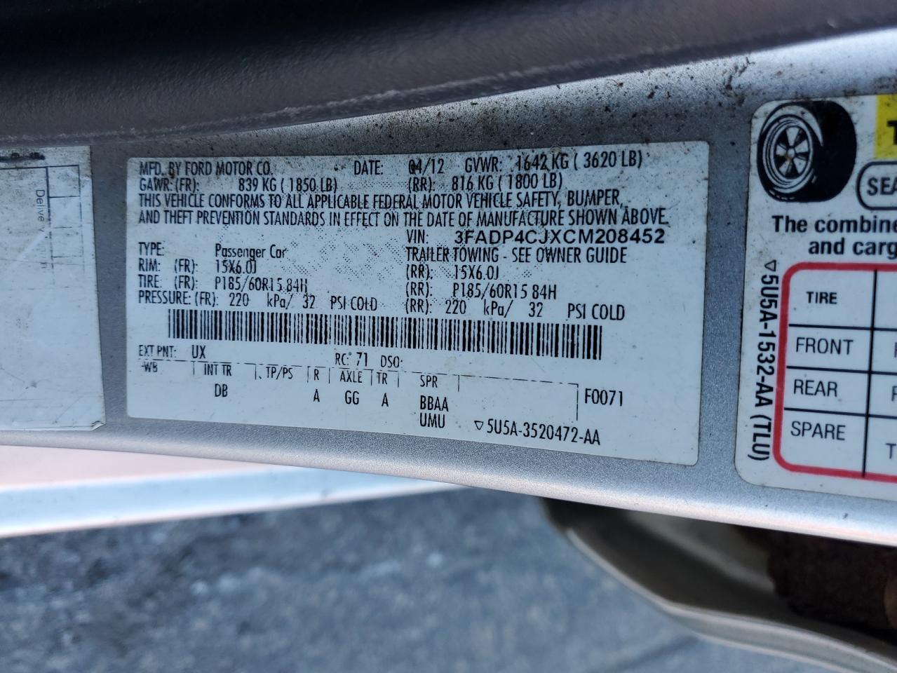 2012 Ford Fiesta Sel VIN: 3FADP4CJXCM208452 Lot: 85383795