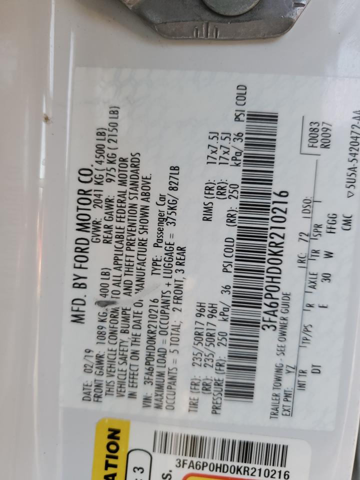 2019 Ford Fusion Se VIN: 3FA6P0HD0KR210216 Lot: 82529005