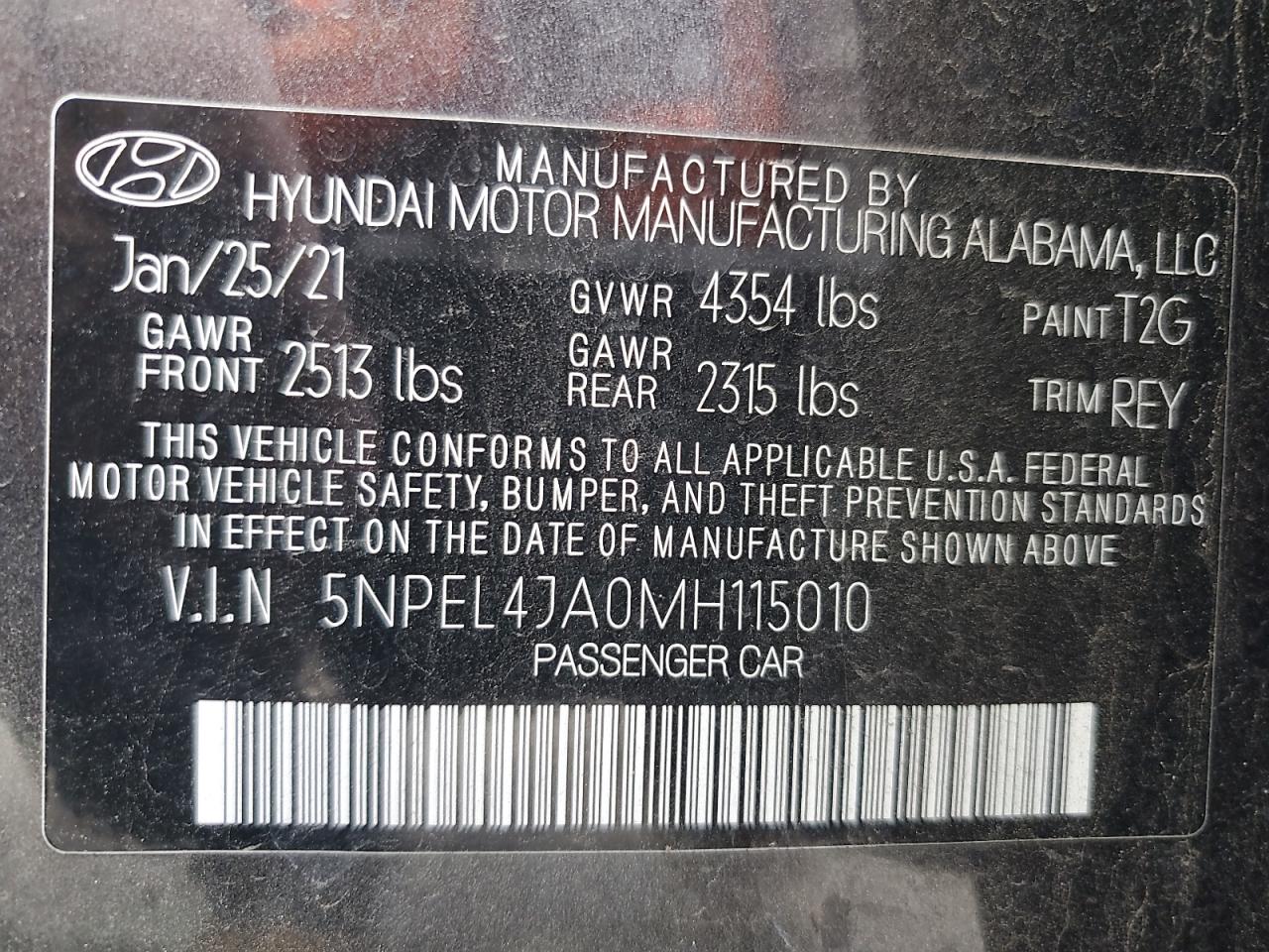 2021 Hyundai Sonata Sel VIN: 5NPEL4JA0MH115010 Lot: 86869045
