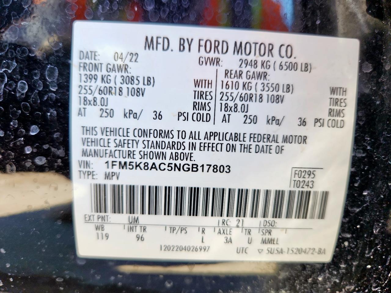 2022 Ford Explorer Police Interceptor VIN: 1FM5K8AC5NGB17803 Lot: 85853605