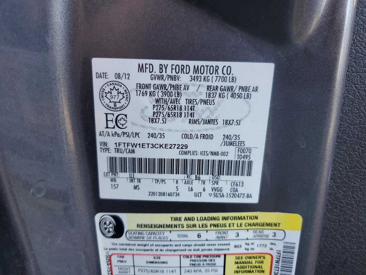 2012 Ford F150 Supercrew VIN: 1FTFW1ET3CKE27229 Lot: 87089985