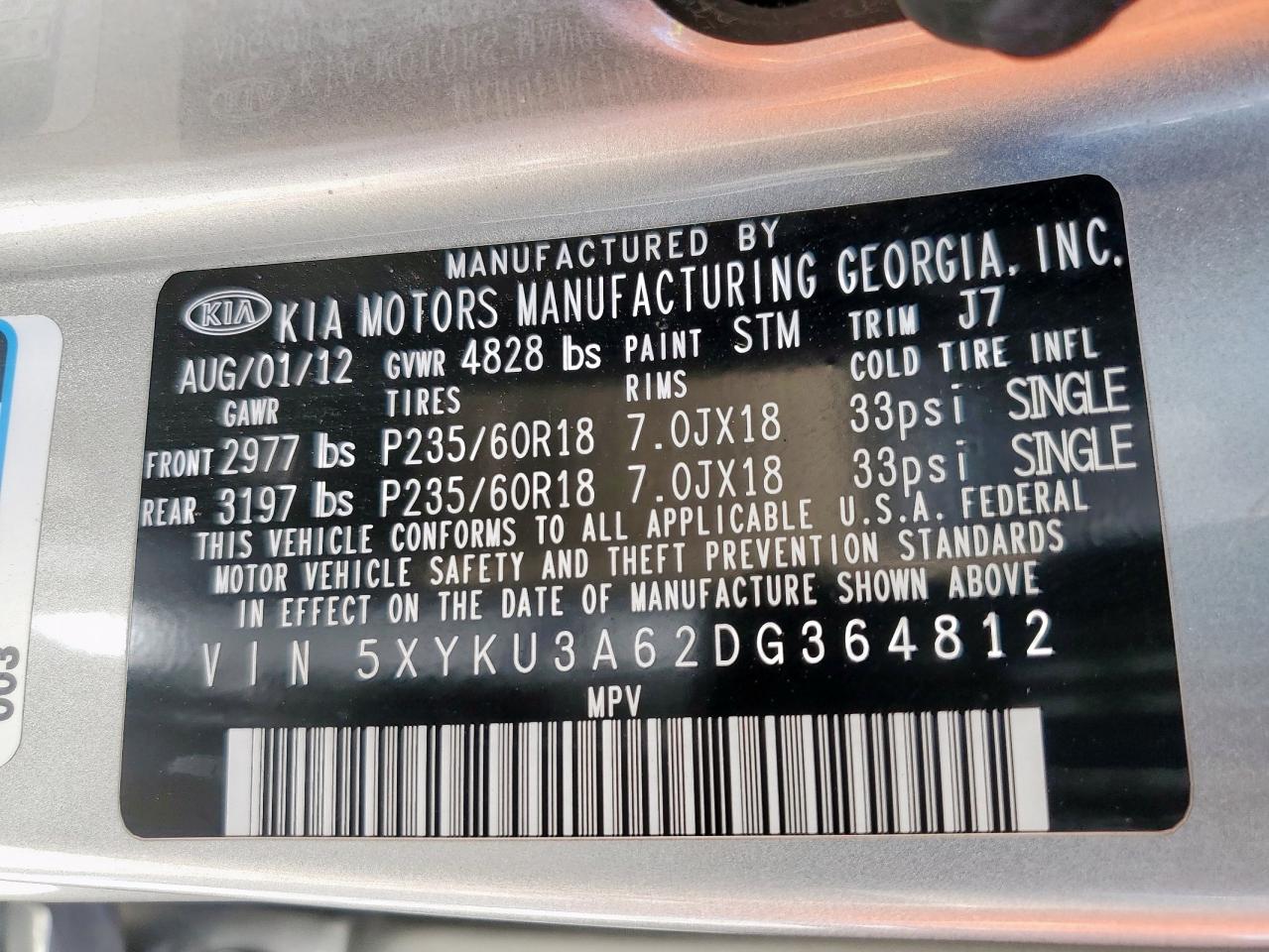 2013 Kia Sorento Ex VIN: 5XYKU3A62DG364812 Lot: 86114495