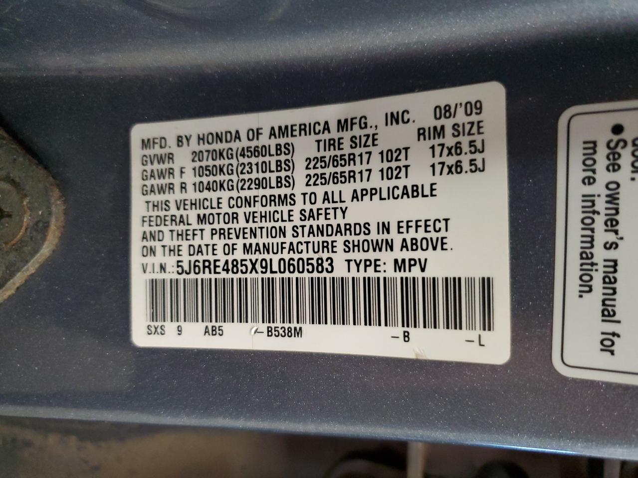 2009 Honda Cr-V Ex VIN: 5J6RE485X9L060583 Lot: 85941035