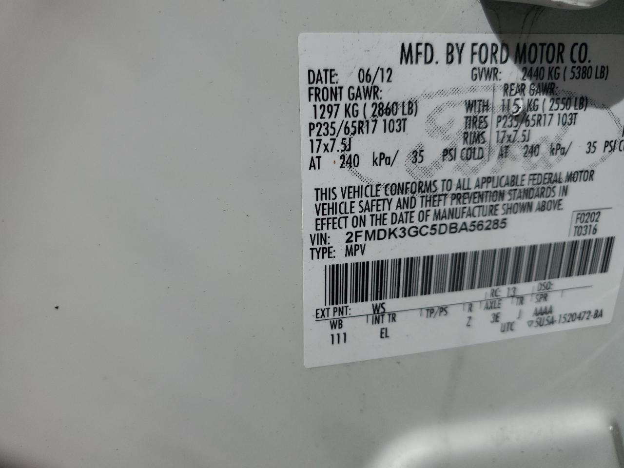 2013 Ford Edge Se VIN: 2FMDK3GC5DBA56285 Lot: 82252895