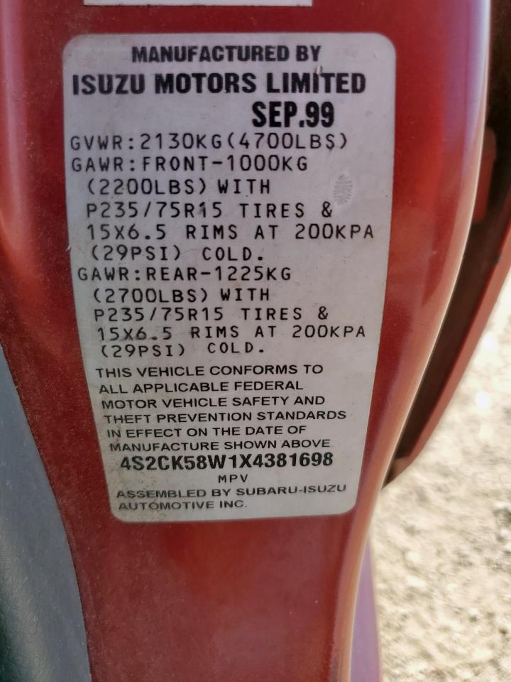 1999 Isuzu Rodeo S VIN: 4S2CK58W1X4381698 Lot: 84927445