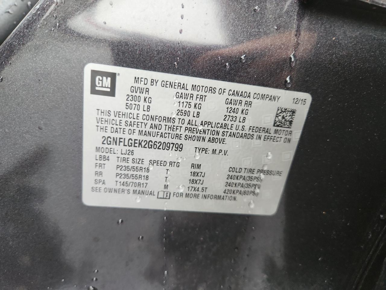 2016 Chevrolet Equinox Ltz VIN: 2GNFLGEK2G6209799 Lot: 84542185