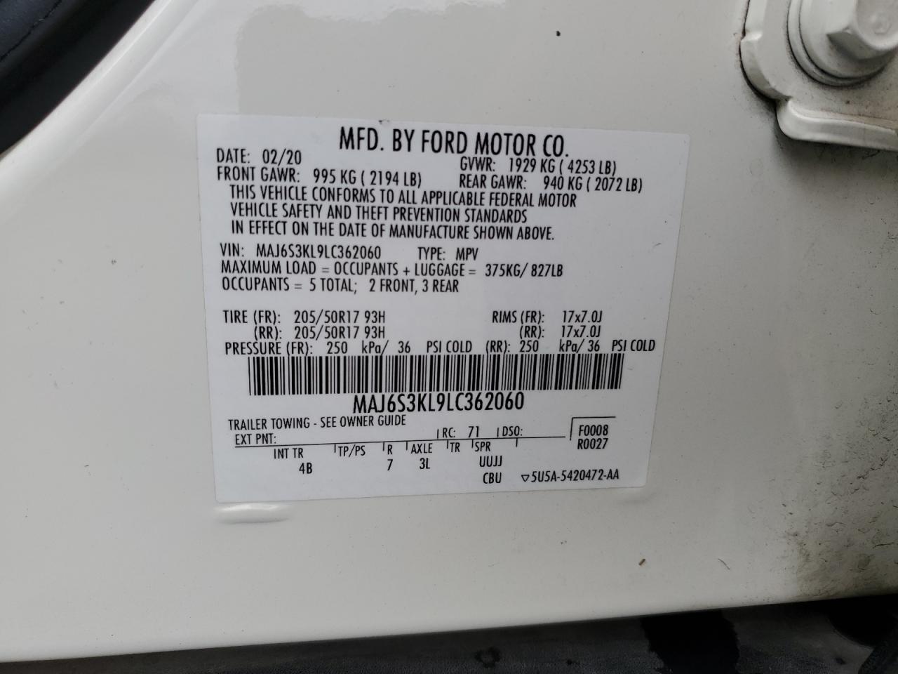 2020 Ford Ecosport Titanium VIN: MAJ6S3KL9LC362060 Lot: 82179625