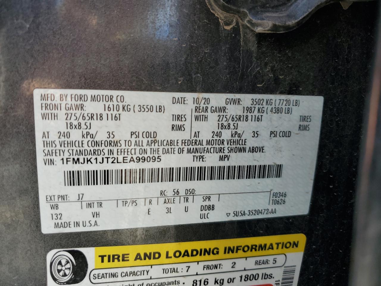 2020 Ford Expedition Max Xlt VIN: 1FMJK1JT2LEA99095 Lot: 81975145