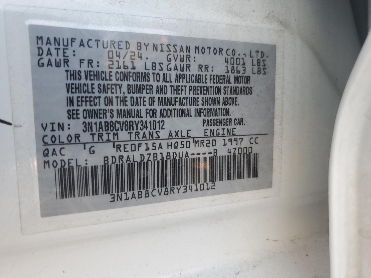 2024 Nissan Sentra Sv VIN: 3N1AB8CV8RY341012 Lot: 85857145