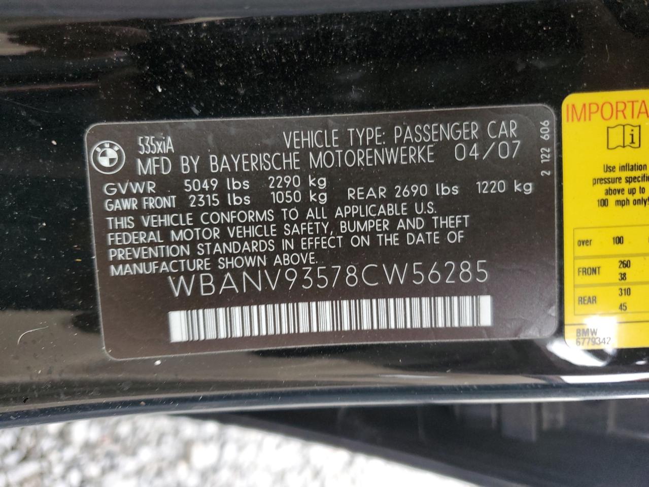 2008 BMW 535 Xi VIN: WBANV93578CW56285 Lot: 71327905