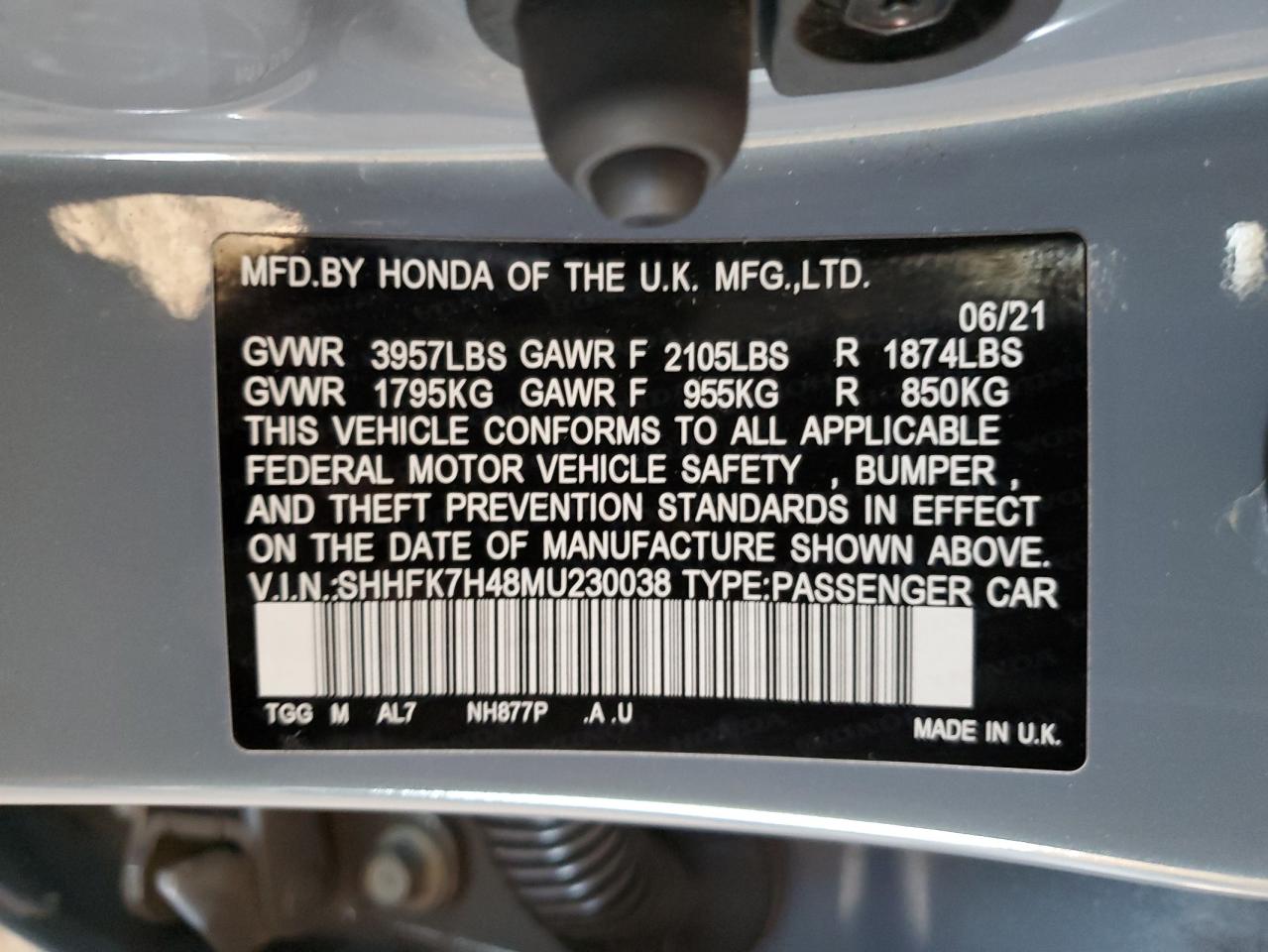 2021 Honda Civic Sport VIN: SHHFK7H48MU230038 Lot: 85353565