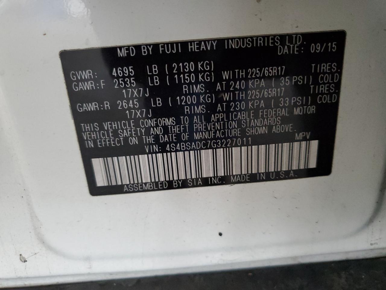 2016 Subaru Outback 2.5I Premium VIN: 4S4BSADC7G3227011 Lot: 90735545