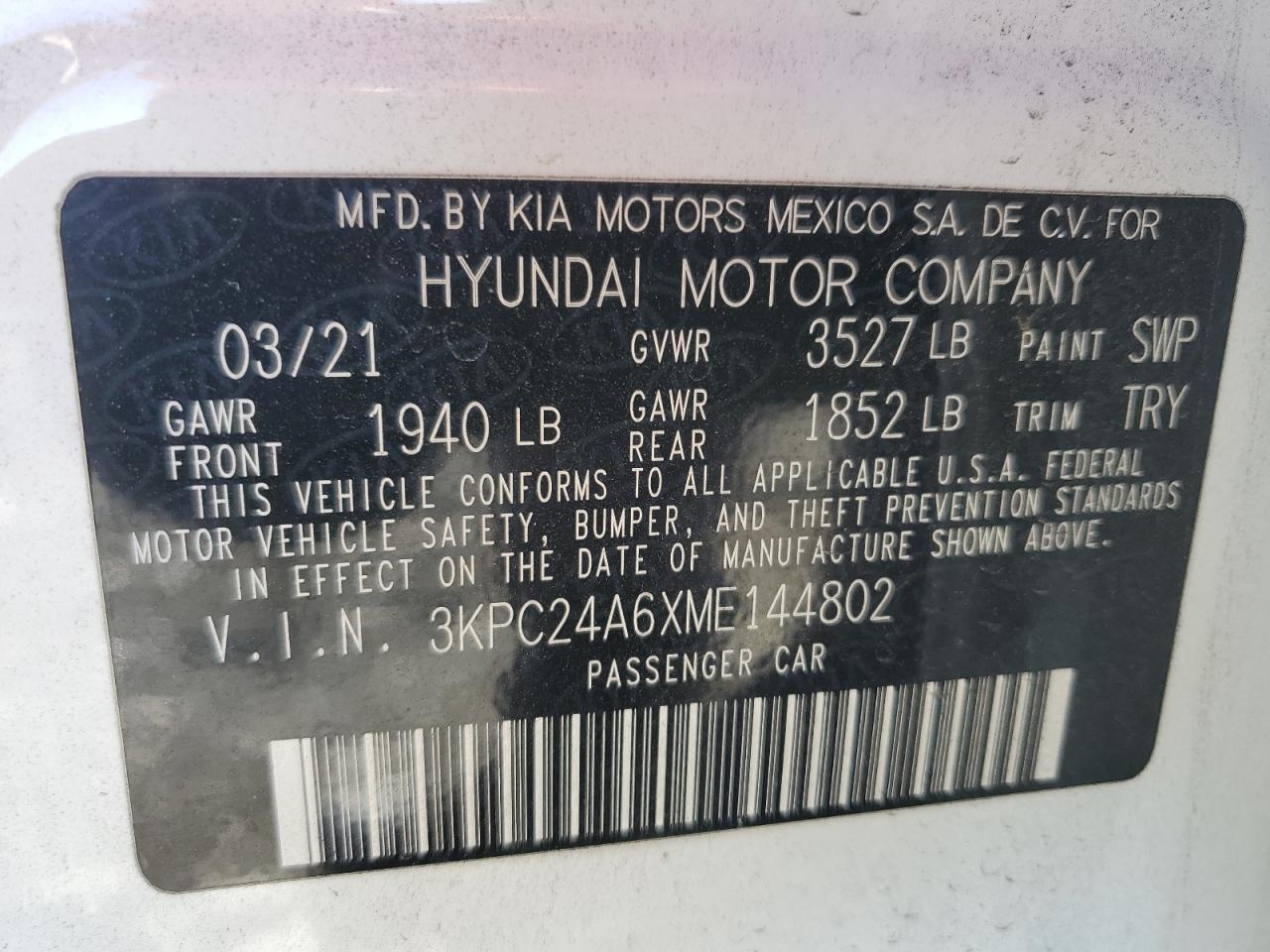 2021 Hyundai Accent Se VIN: 3KPC24A6XME144802 Lot: 85782305